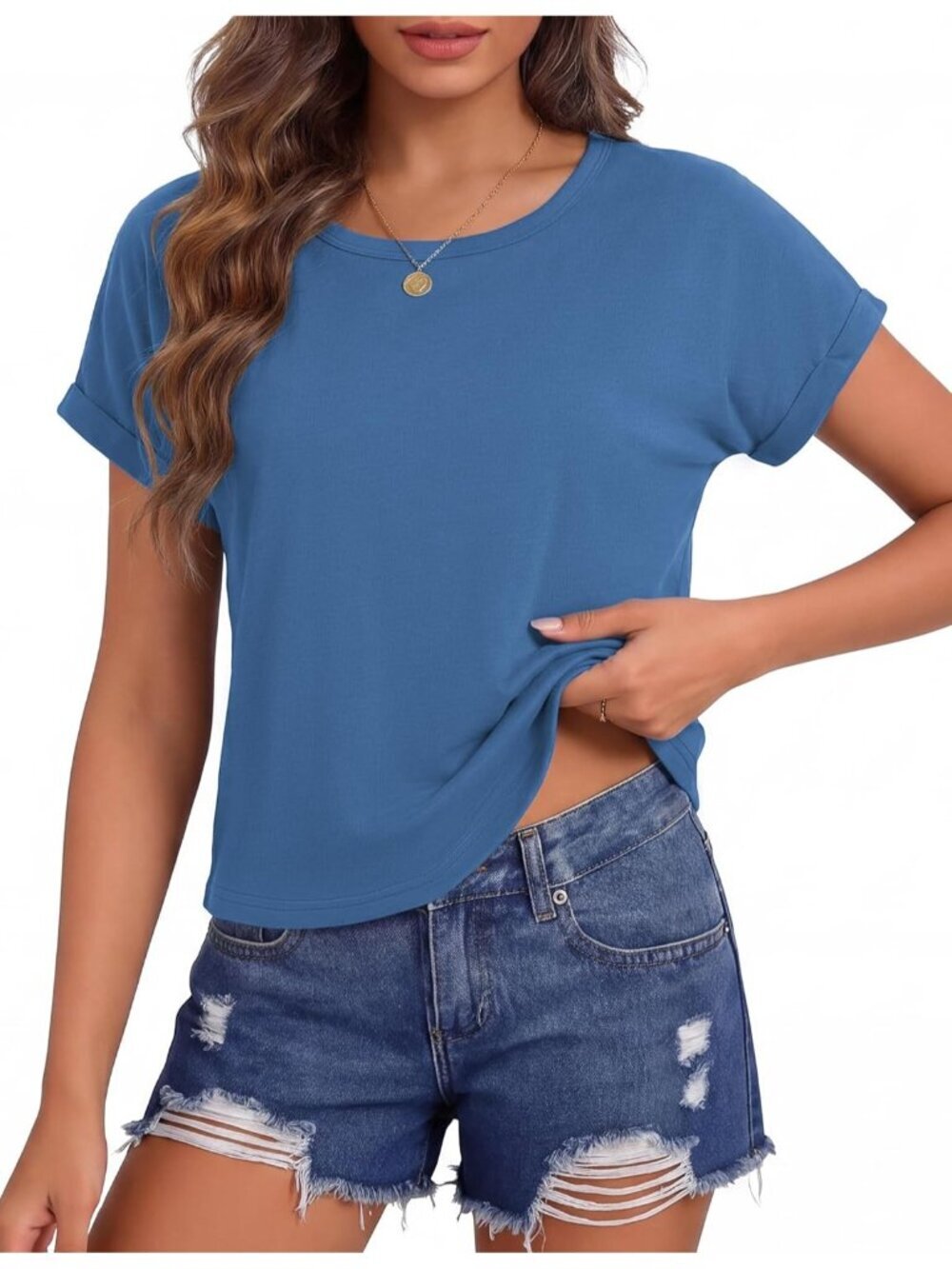 Women's Dark Blue Roll Short Sleeve Crewneck Loose Fit Boxy Pull On Crop Tops